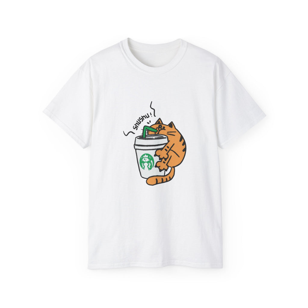 Whimsical Cat Coffee Tee, Cute T-Shirt for Cat Lovers, Perfect Gift for Pet Owners, Fun Coffee Lover Shirt, Comfortable Unisex Apparel